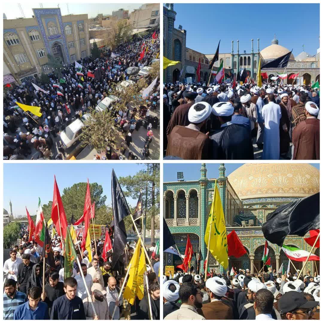 تجدید میثاق اساتید و طلاب مدرسه با شهدا در ضمن راهپیمایی حمایت از مقاومت اسلامی در فلسطین و محکومیت حملات سبعانه رژیم جعلی و کودک‌کش اسرائیل