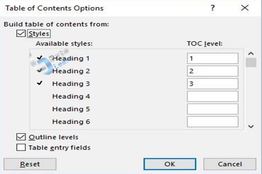 Table of Contents options