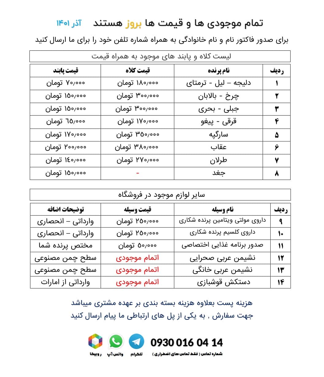 لیست قیمت های آذر 1401