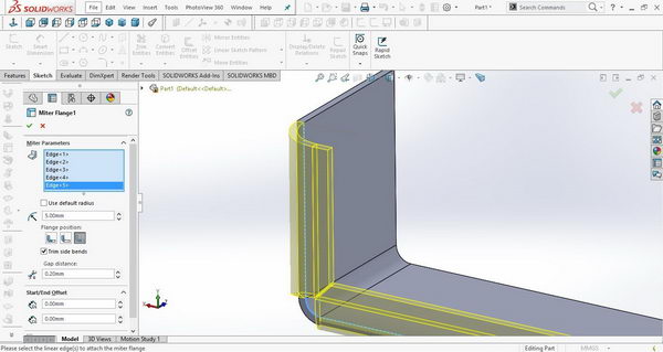 دستور لبه تاجی در محیط ورقکاری سالیدورک - Miter Flange