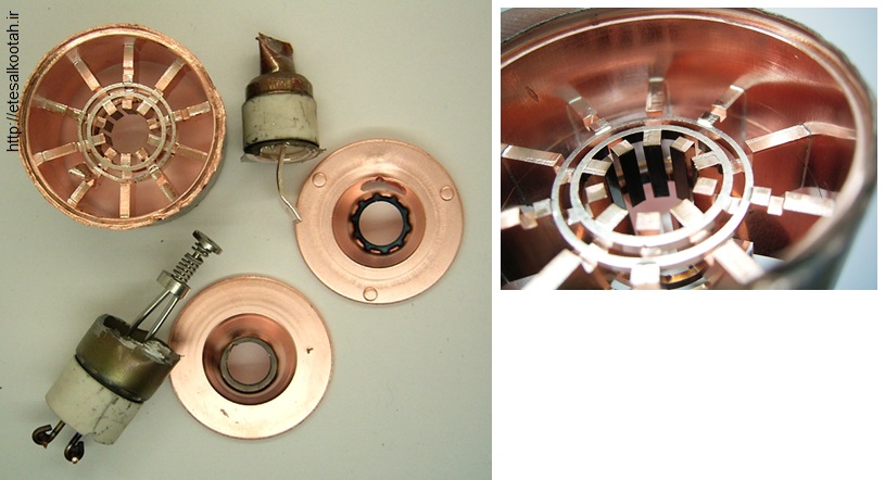 اجزا و قطعات یک لامپ مگنترون و لکه های سیاه حاکی از انتقال ماده در لامپ