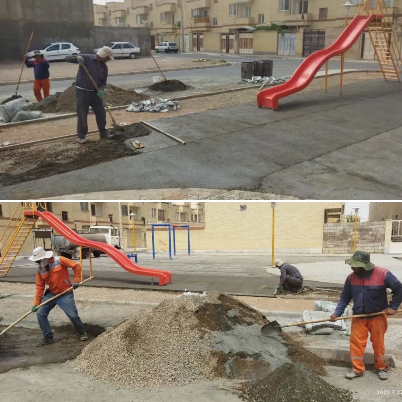 بتن ریزی، کف سازی و نصب وسایل بازی کودکان در پارک محله ای مسکن مهر