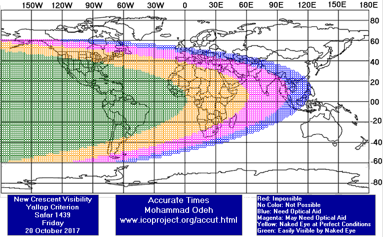 نقشه رؤیت‌پذیری هلال ماه صفر 1439 در 28 مهر 1396 - یالوپ
