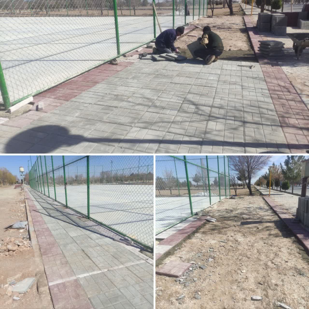اجرای عملیات موزاییک فرش پیاده رو اطراف زمین چمن مصنوعی پارک لاله شهر وزوان