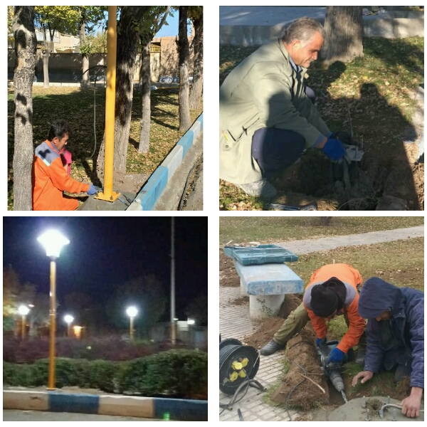 کابل کشی و نصب پایه های روشنایی در پارک ها و میادین سطح شهر توسط پرسنل خدوم شهرداری