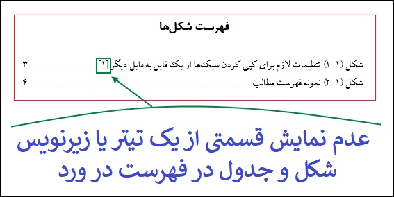 عدم نمایش قسمتی از یک تیتر یا زیرنویس شکل و جدول در فهرست ورد