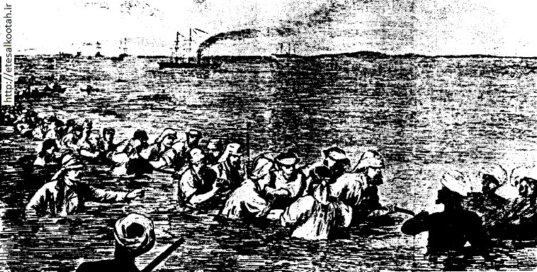 صحنه ای که از کشیدن کابل زیر دریایی تلگراف در حاشیه ی سواحل خلیج فارس نقاشی شده است