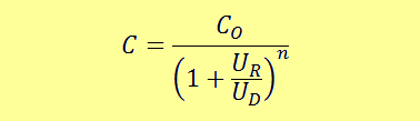 فرمول محاسبه ی تغییر ظرفیت خازنی در پیوند نیمه هادی های پی و ان بر حسب ولتاژ معکوس اعمال شده به آن