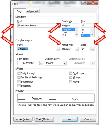 تنظیمات فونت به زبان انگلیسی و فارسی برای تایپ کردن متن ترجمه