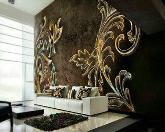 کاغذ دیواری سه بعدی قهوه ای با طرح برگ های طلایی