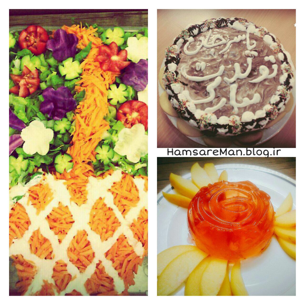 تزئین سالاد کاهو، کیک 🎂 و دسر هلو 🍑 برای تولد همسر