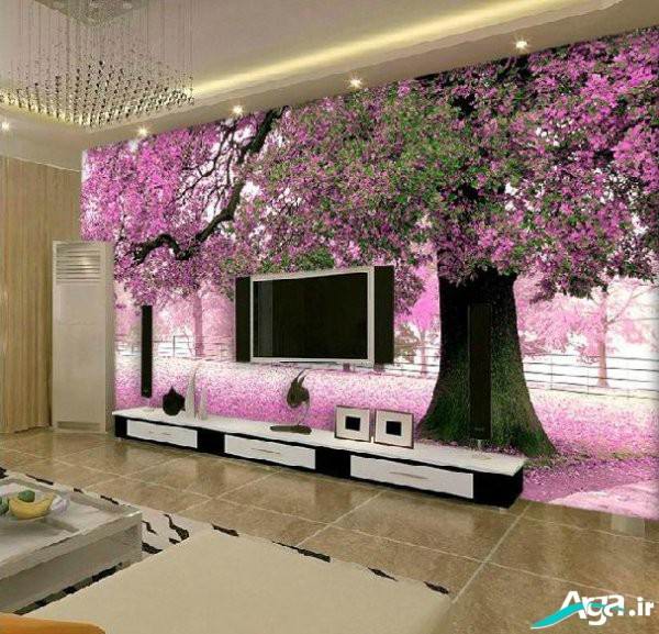 کاغذ دیواری سه بعدی طرح درخت با شکوفه های صورتی