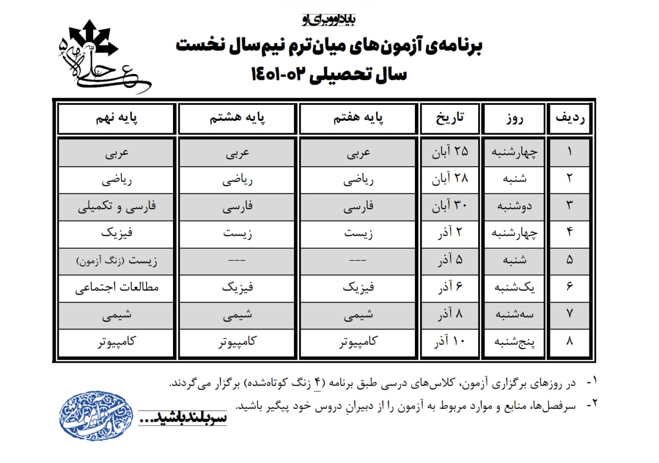 برنامه آزمون های میان ترم نیم سال1- 02-1401