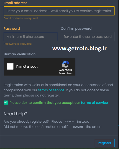صفحه ثبت نام coinpot