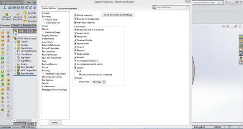 تنظیمات مربوط به Snap در قسمت Solidworks setting