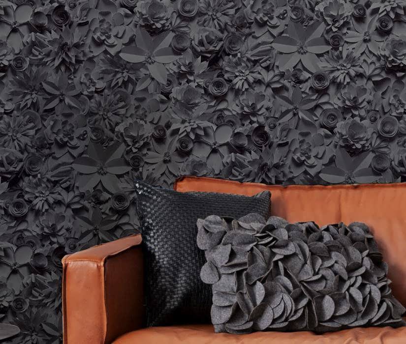 کاغذ دیواری سه بعدی طرح گل و برگ های ذغالی رنگ