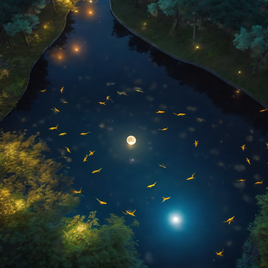 رقص ماهی‌ها به دور نور ماه در شب