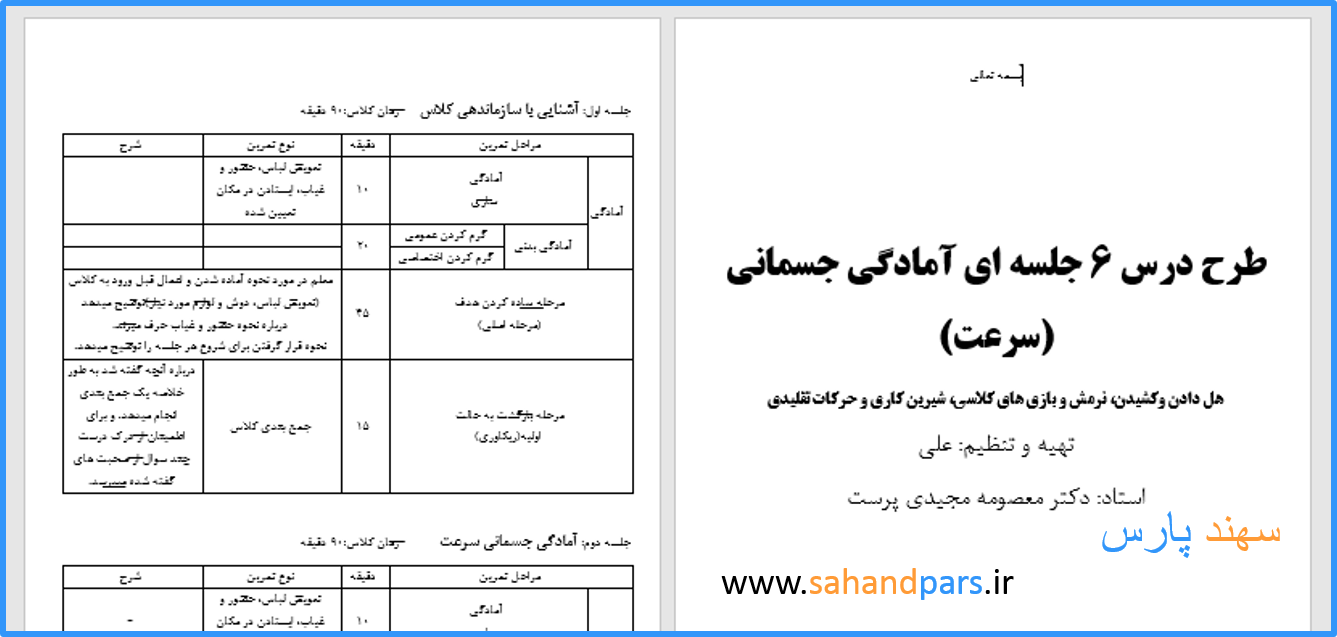 طرح  درس 6 جلسه ای  سرعت و مهارت های بنیادی هل دادن و کشیدن و بازی و حرکات تقلیدی - سهند پارس