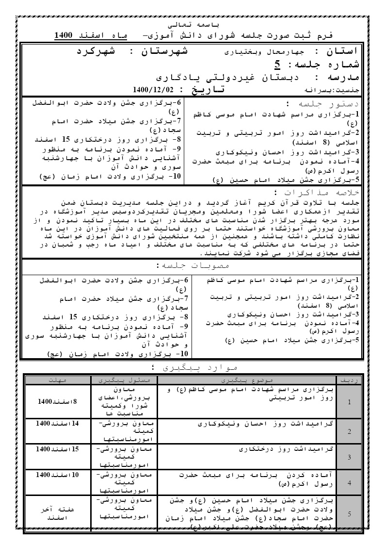 پنجمین صورتجلسه شورای دانش آموزی ( اسفندماه) سال تحصیلی 1401-1400