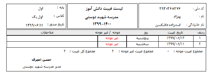 لیست غیبت دانش آموز