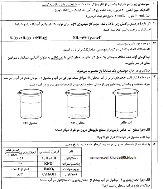 پاسخنامه امتحان نهایی شیمی دوشنبه 27 اردیبهشت 95