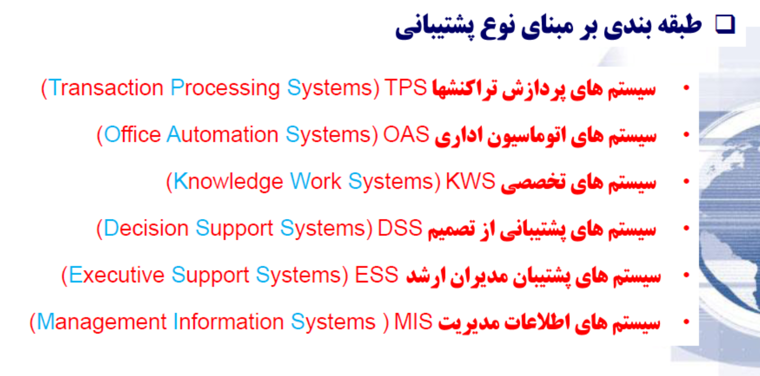 طبقه بندی سیستم های اطلاعاتی بر مبنای نوع پشتیبانی