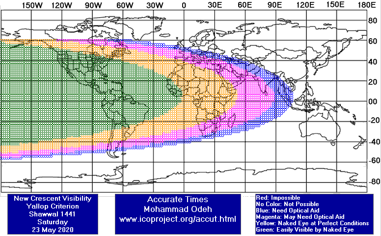  نقشه رؤیت‌پذیری هلال ماه شوال 1441 در 3 خرداد 1399 - یالوپ