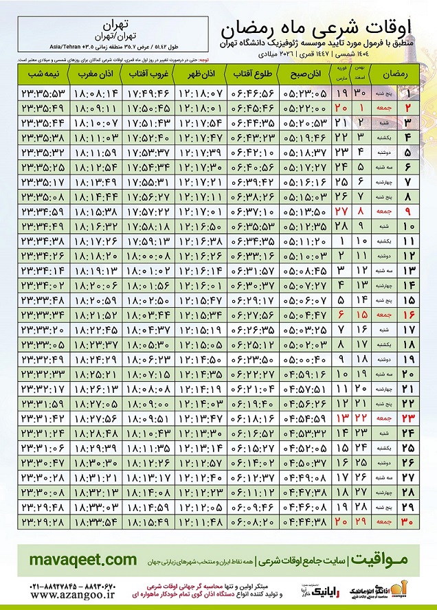 اوقات شرعی تهران 1404