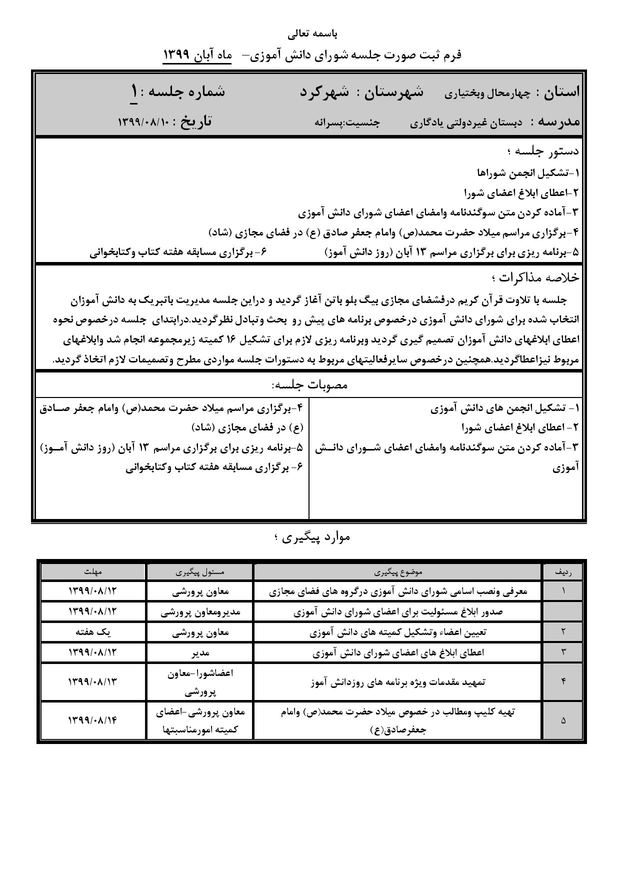 اولین صورتجلسه شورای دانش آموزی درفضای مجازی ( آبانماه) سال تحصیلی 1400-1399