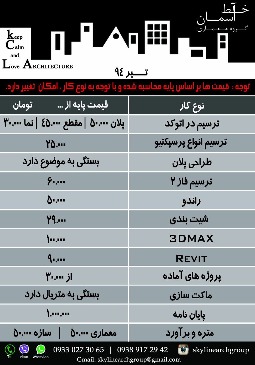 لیست قیمت های معماری