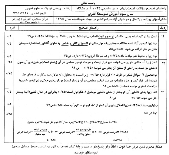 پاسخنامه امتحان نهایی شیمی دوشنبه 27 اردیبهشت 95