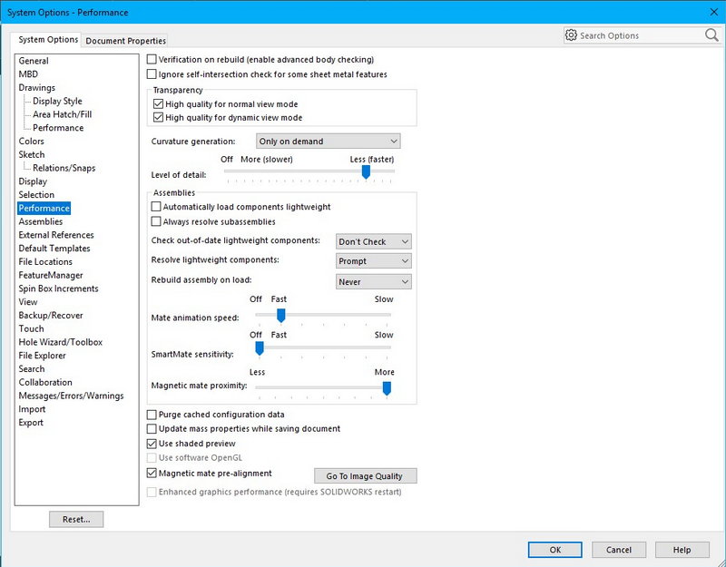 Solidworks performance options