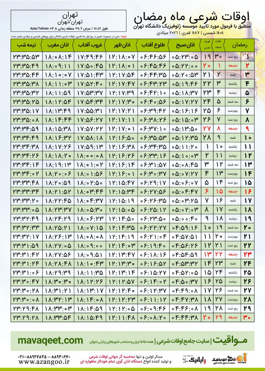 جدول اوقات شرعی ۱۴۰۴ به افق تهران 