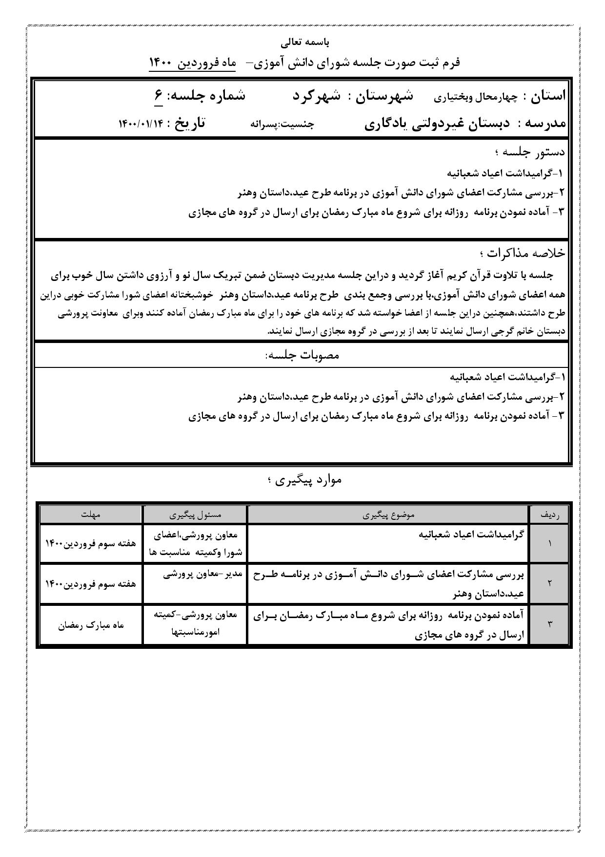 ششمین صورتجلسه شورای دانش آموزی دبستان یادگاری در فضای مجازی( فروردین ماه) سال تحصیلی 1400-1399