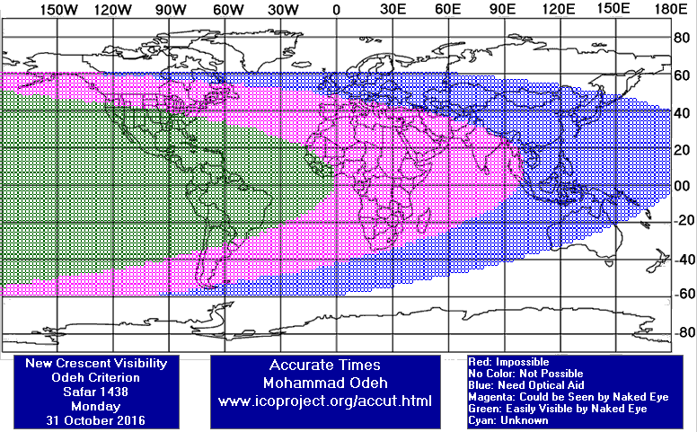 نقشه رؤیت‌پذیری هلال ماه صفر 1438 در 10 آبان 1395 - عوده