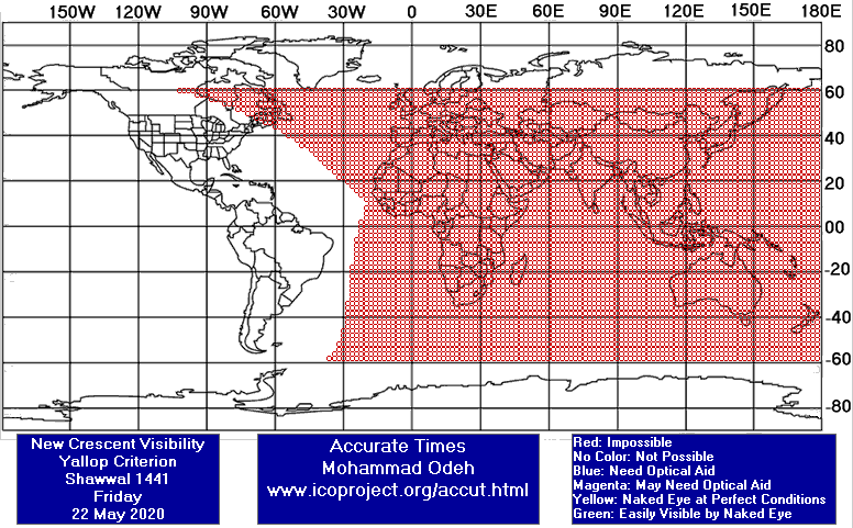  نقشه رؤیت‌پذیری هلال ماه شوال 1441 در 2 خرداد 1399 - یالوپ