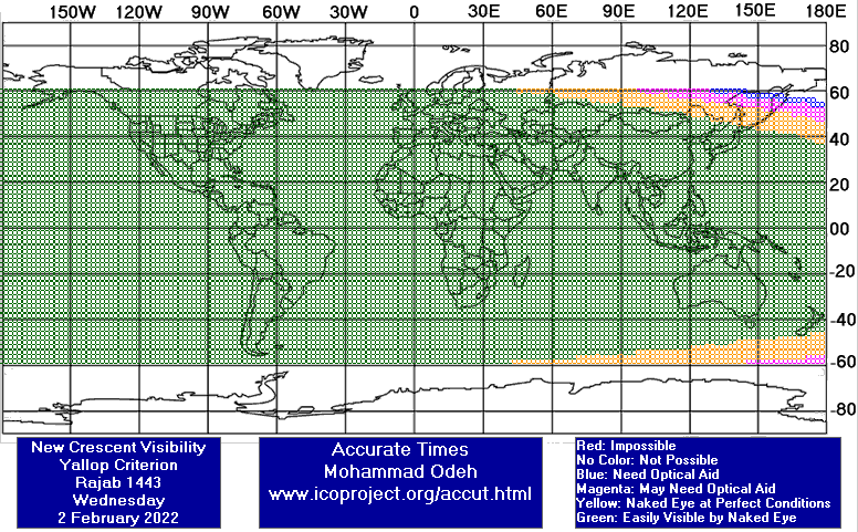 نقشه رؤیت‌پذیری هلال ماه رجب 1443 در 13 بهمن 1400 - یالوپ