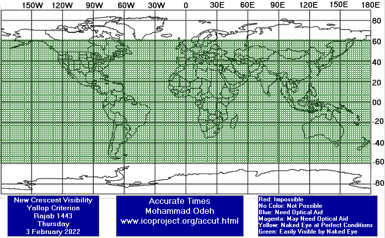 نقشه رؤیت‌پذیری هلال ماه رجب 1443 در 14 بهمن 1400 - یالوپ