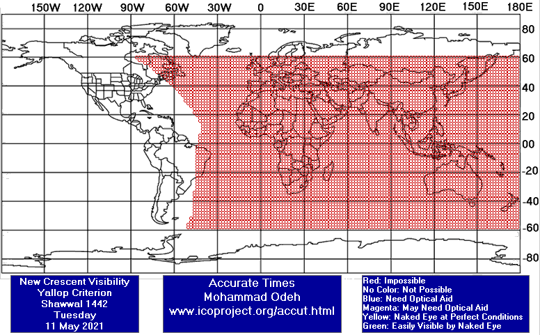 نقشه رؤیت‌پذیری هلال ماه شوال 1442 در 21 اردیبهشت 1400 - یالوپ