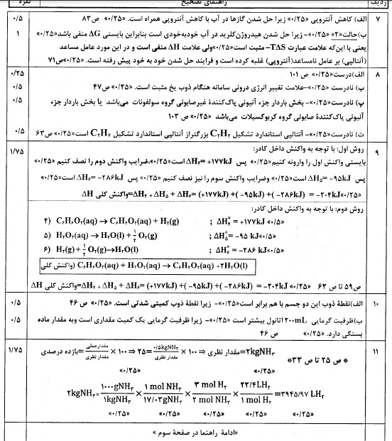 پاسخنامه امتحان نهایی شیمی دوشنبه 27 اردیبهشت 95