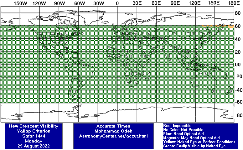 نقشه رؤیت‌پذیری هلال ماه صفر 1444 در 7 شهریور 1401 - یالوپ