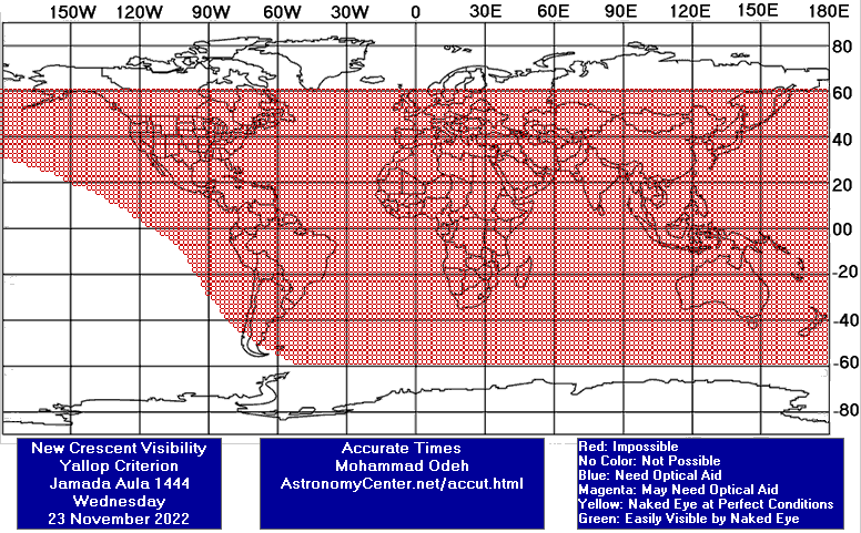 نقشه رؤیت‌پذیری هلال ماه جمادی الاولی 1444 در 2 آذر 1401 - یالوپ