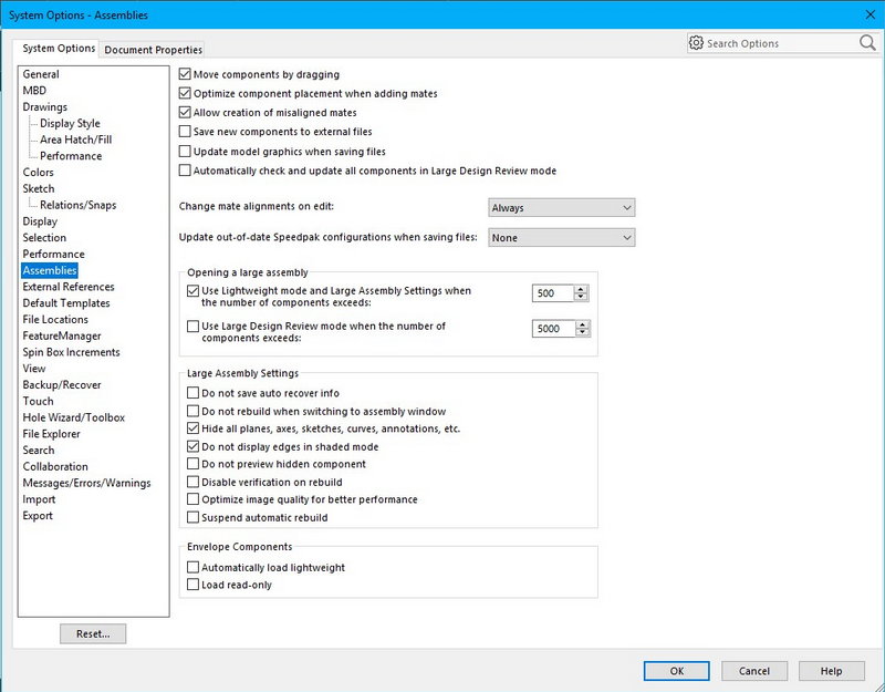تنظیم گزینه های اسمبلی در Solidworks