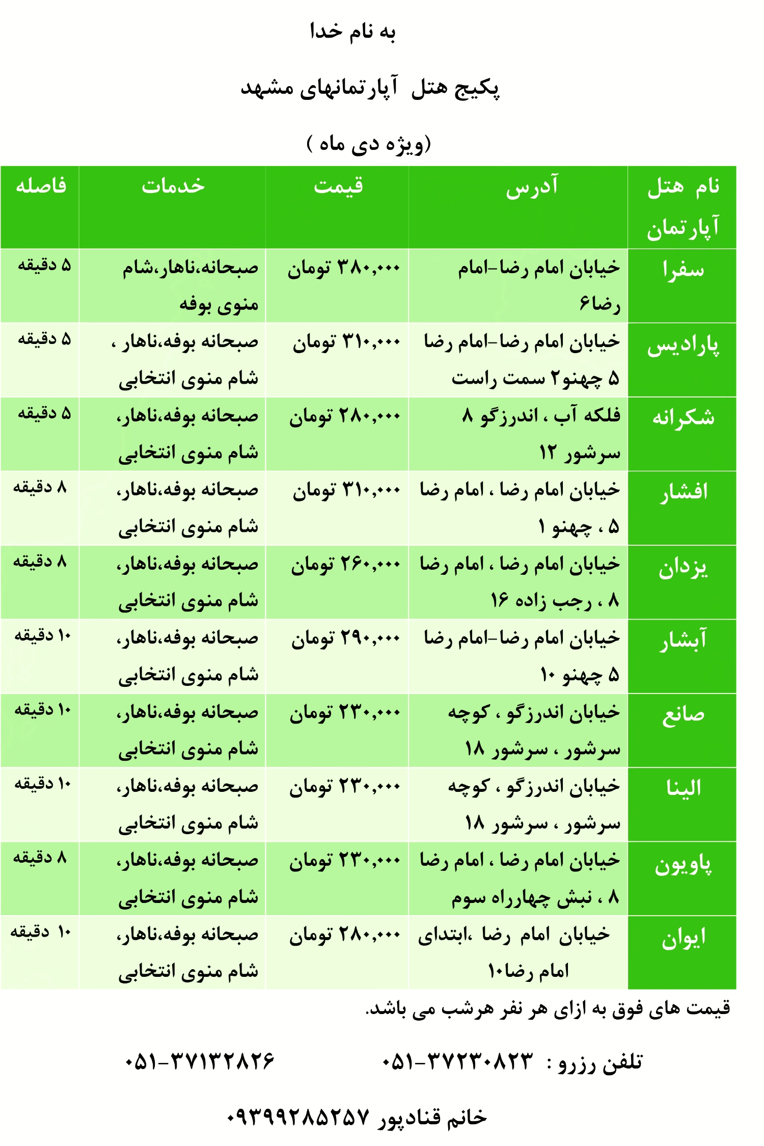 لیست قیمتی هتل آپارتمان ها