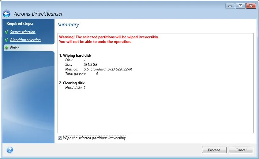 Wipe the selected partitions irreversibly