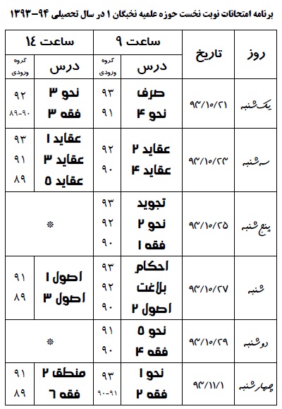 برنامه امتحانات نیم‌سال نخست 94-1393