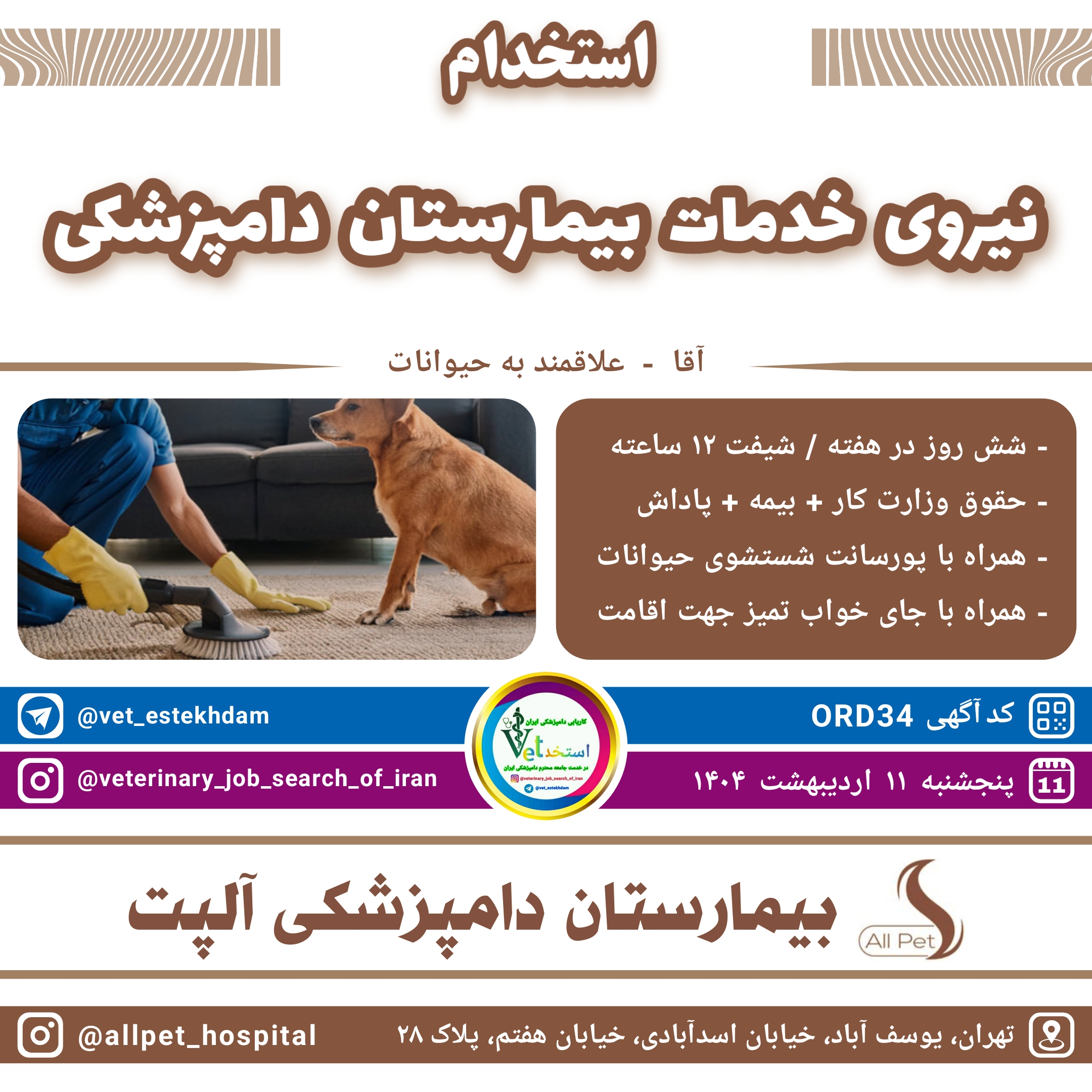 استخدام نیروی خدمات آقا در بیمارستان دامپزشکی آلپت واقع در منطقه یوسف آباد تهران